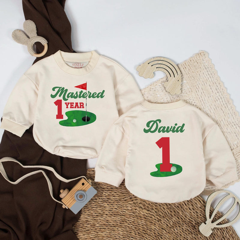 Personalized First Birthday Baby Romper with Golf Theme Custom Name Soft Cotton Bodysuit for Baby Boy Gift Playful Green Red Design