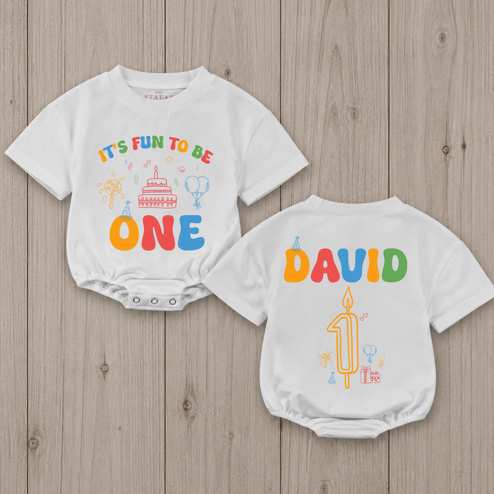 Personalized First Birthday Baby Romper It's Fun to Be One Outfit for Boys or Girls, Colorful Party Design with Name and Candle Details