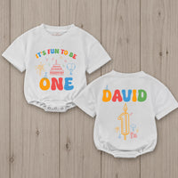 Personalized First Birthday Baby Romper It's Fun to Be One Outfit for Boys or Girls, Colorful Party Design with Name and Candle Details
