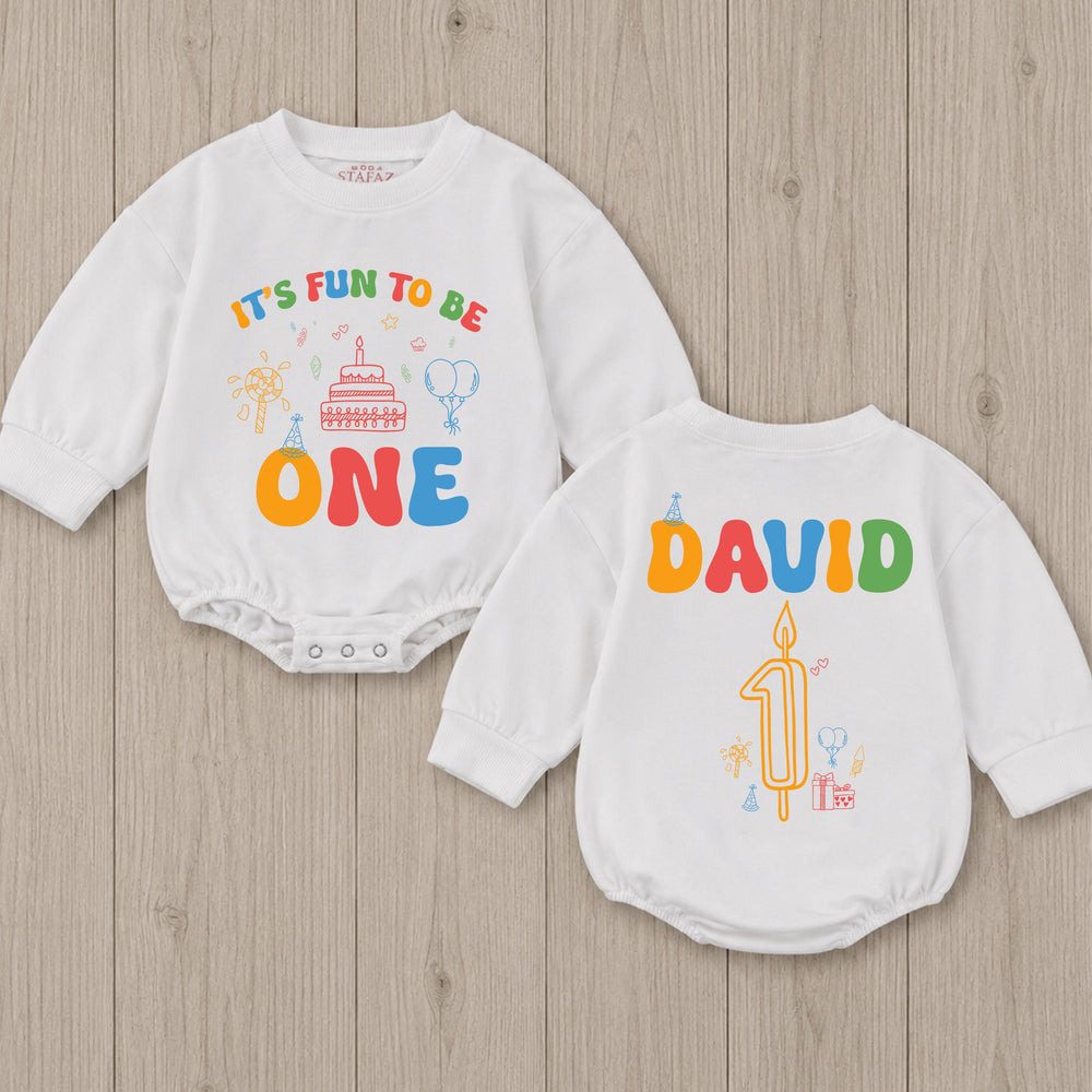Personalized First Birthday Baby Romper It's Fun to Be One Outfit for Boys or Girls, Colorful Party Design with Name and Candle Details