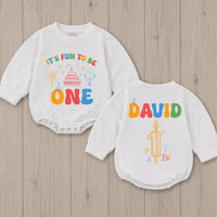 Personalized First Birthday Baby Romper It's Fun to Be One Outfit for Boys or Girls, Colorful Party Design with Name and Candle Details
