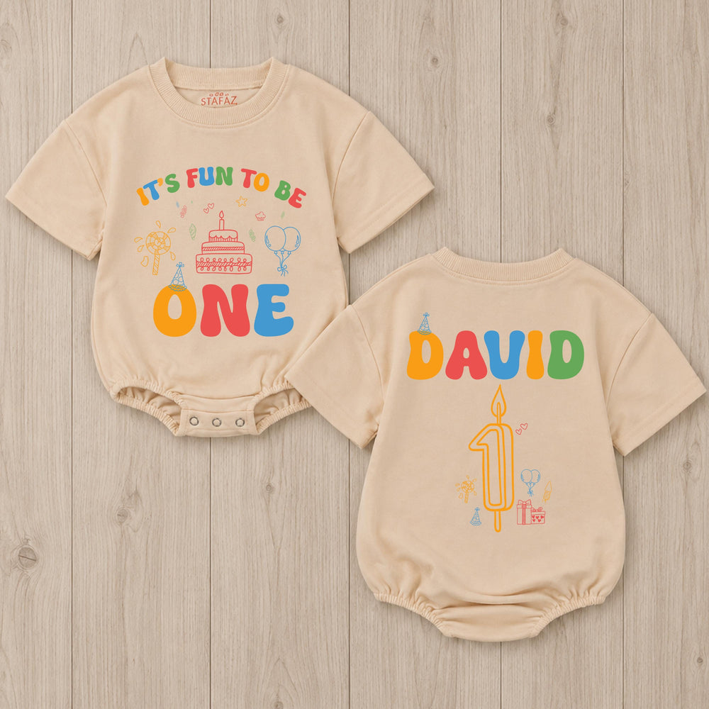 Personalized First Birthday Baby Romper It's Fun to Be One Outfit for Boys or Girls, Colorful Party Design with Name and Candle Details