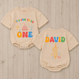 Personalized First Birthday Baby Romper It's Fun to Be One Outfit for Boys or Girls, Colorful Party Design with Name and Candle Details