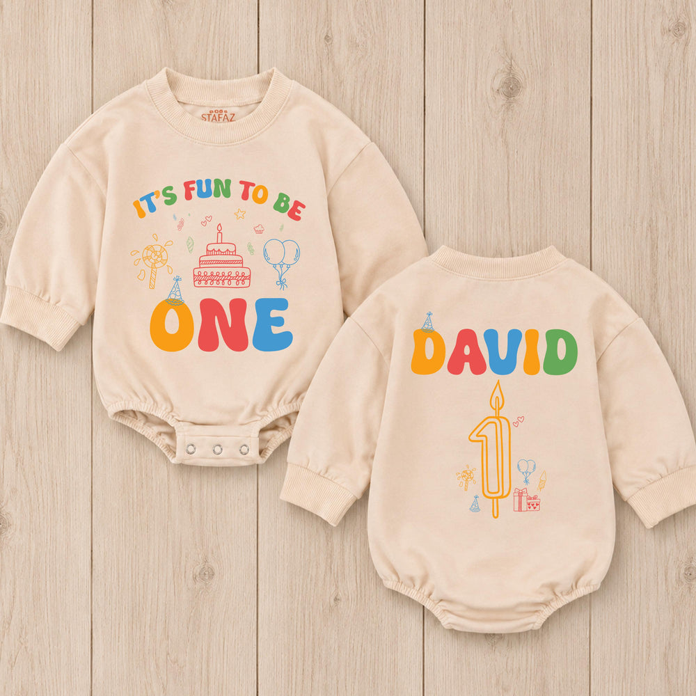 Personalized First Birthday Baby Romper It's Fun to Be One Outfit for Boys or Girls, Colorful Party Design with Name and Candle Details