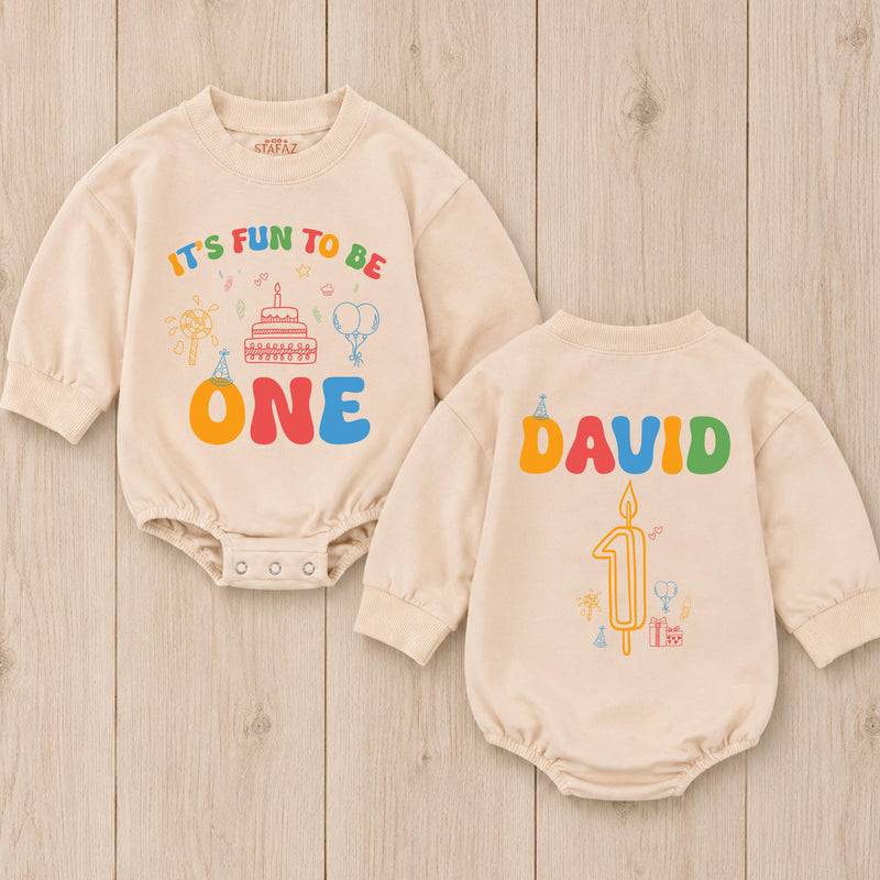 Personalized First Birthday Baby Romper It's Fun to Be One Outfit for Boys or Girls, Colorful Party Design with Name and Candle Details