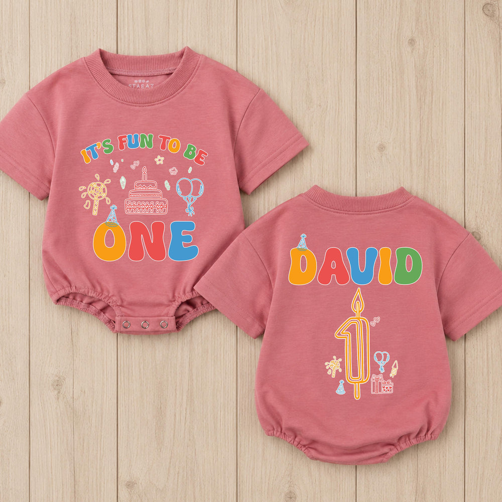 Personalized First Birthday Baby Romper It's Fun to Be One Outfit for Boys or Girls, Colorful Party Design with Name and Candle Details