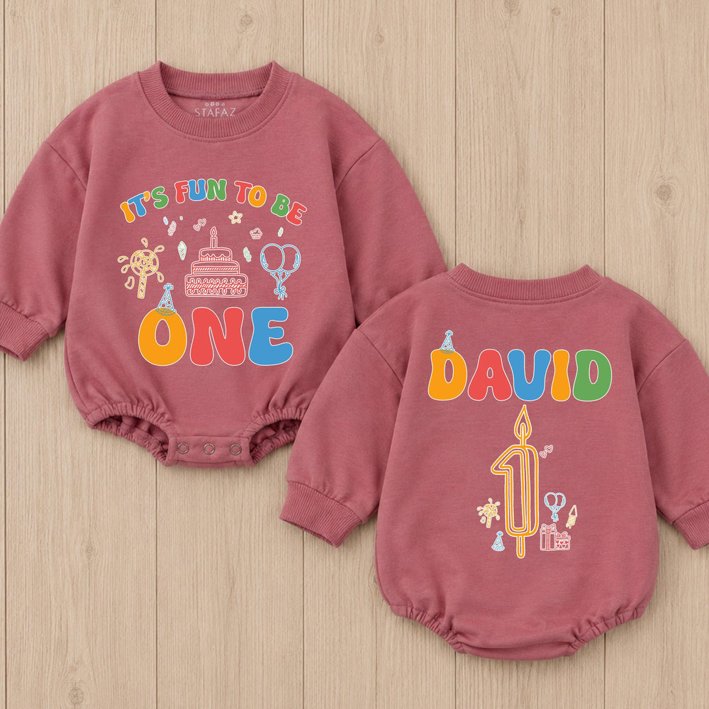 Personalized First Birthday Baby Romper It's Fun to Be One Outfit for Boys or Girls, Colorful Party Design with Name and Candle Details