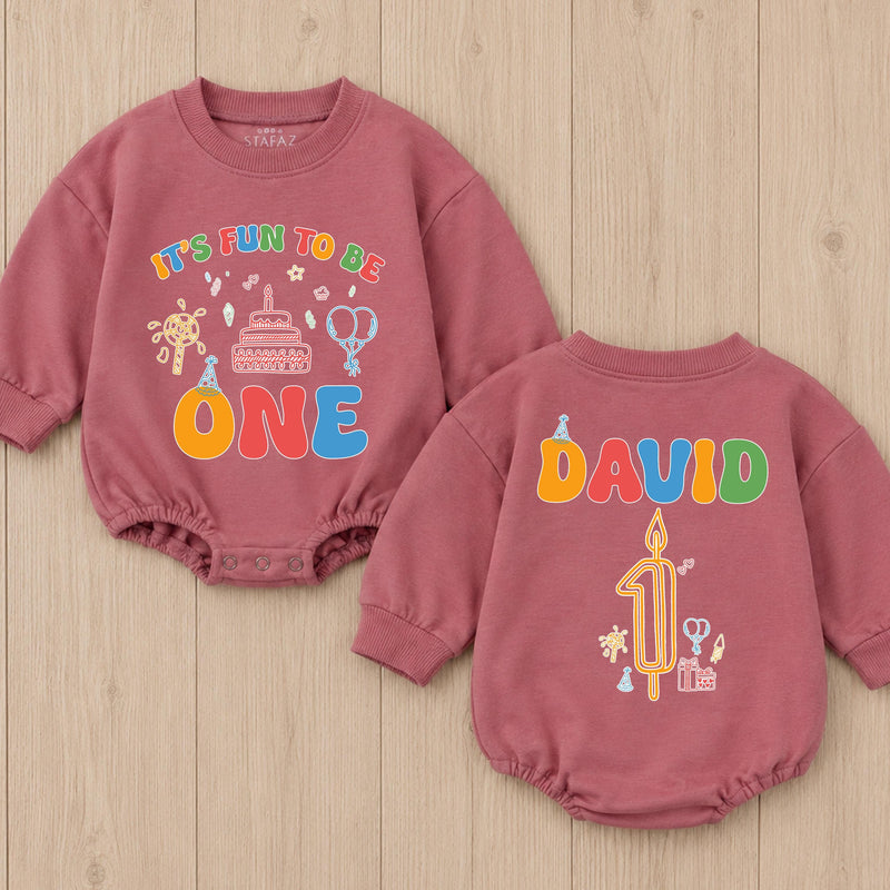 Personalized First Birthday Baby Romper It's Fun to Be One Outfit for Boys or Girls, Colorful Party Design with Name and Candle Details