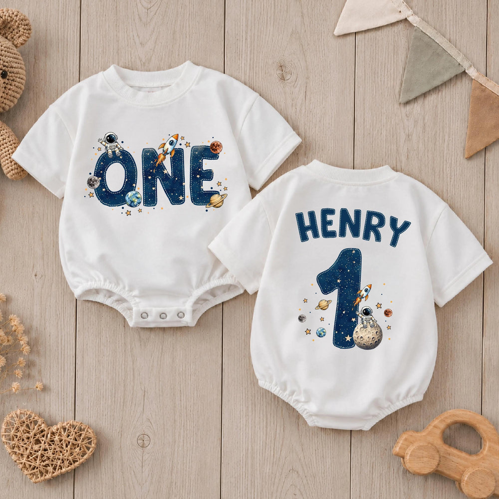 Personalized First Birthday Baby Romper with Space Theme, Custom Name Astronaut Galaxy Bodysuit, Rocket Ship and Planet Design