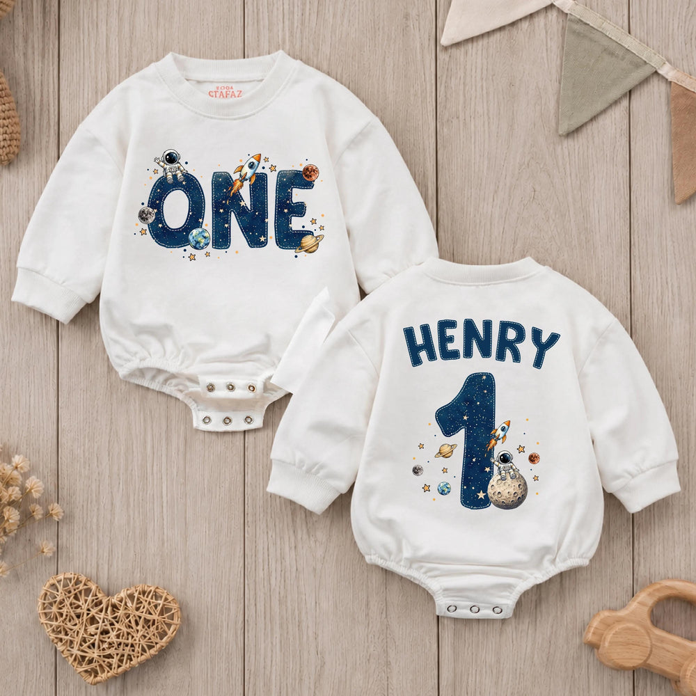 Personalized First Birthday Baby Romper with Space Theme, Custom Name Astronaut Galaxy Bodysuit, Rocket Ship and Planet Design