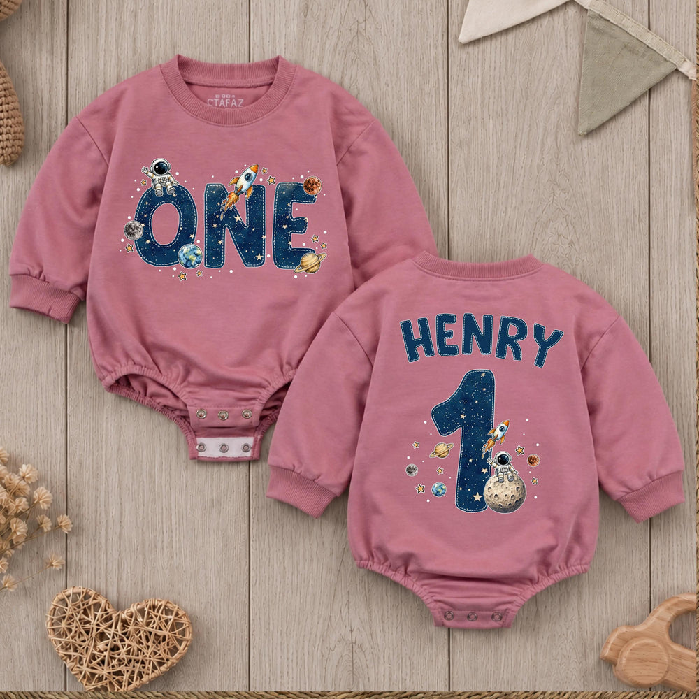 Personalized First Birthday Baby Romper with Space Theme, Custom Name Astronaut Galaxy Bodysuit, Rocket Ship and Planet Design