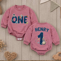 Personalized First Birthday Baby Romper with Space Theme, Custom Name Astronaut Galaxy Bodysuit, Rocket Ship and Planet Design