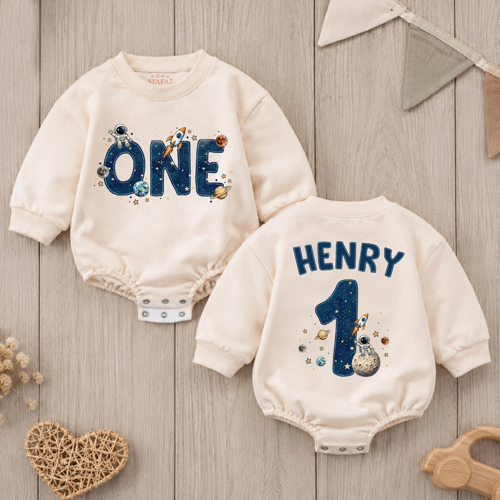 Personalized First Birthday Baby Romper with Space Theme, Custom Name Astronaut Galaxy Bodysuit, Rocket Ship and Planet Design
