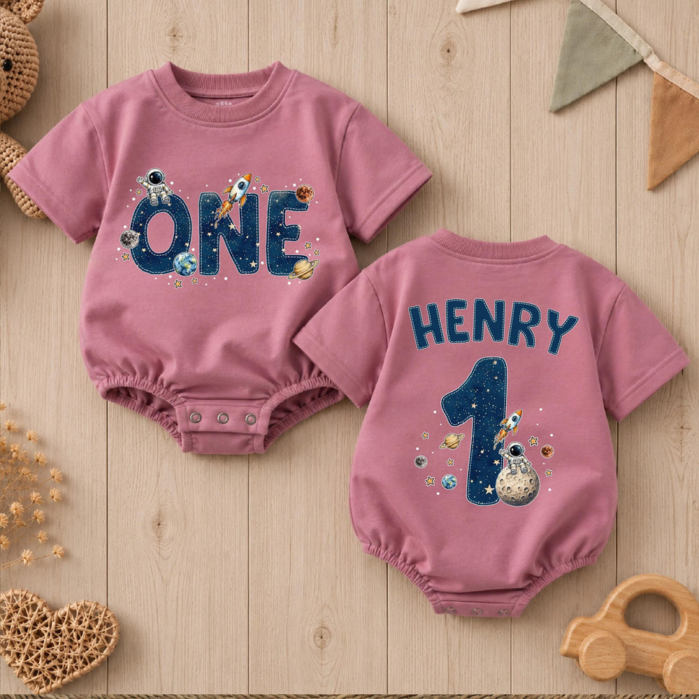 Personalized First Birthday Baby Romper with Space Theme, Custom Name Astronaut Galaxy Bodysuit, Rocket Ship and Planet Design