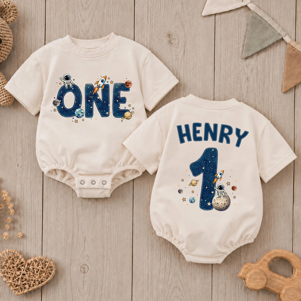 Personalized First Birthday Baby Romper with Space Theme, Custom Name Astronaut Galaxy Bodysuit, Rocket Ship and Planet Design