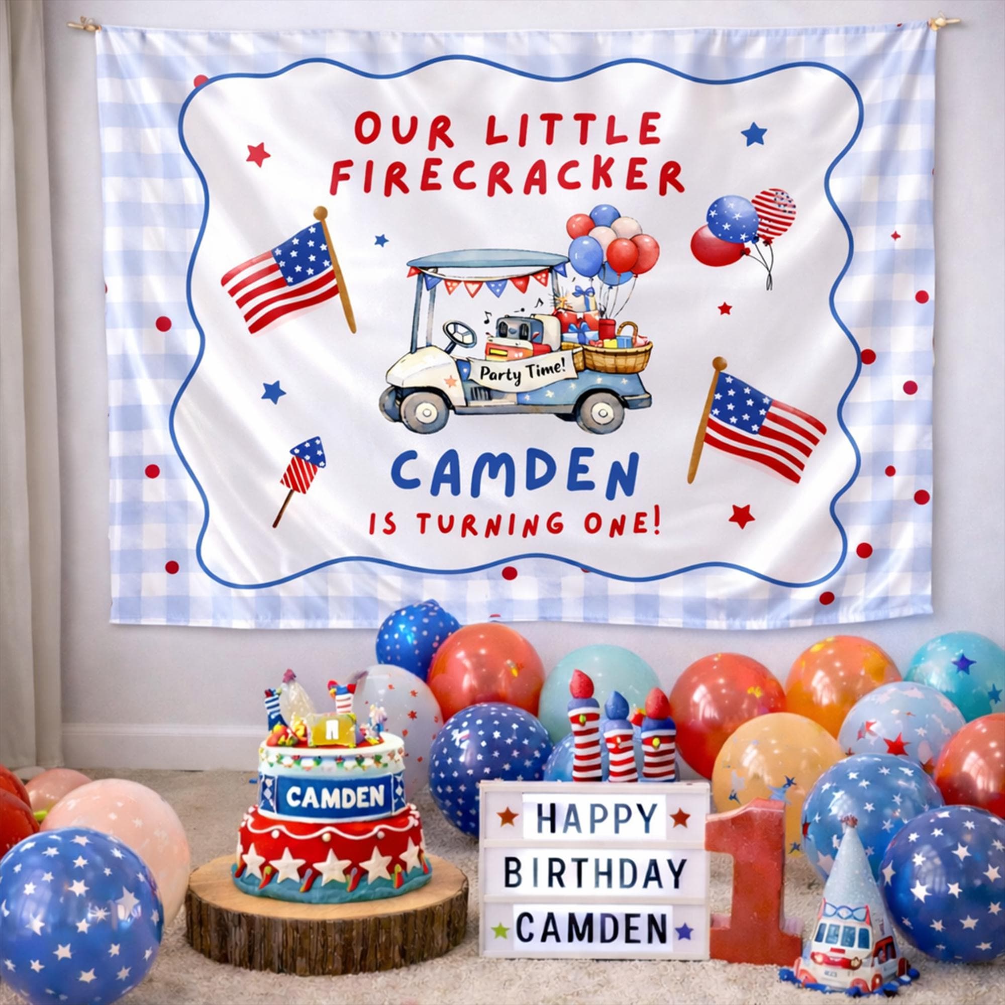 Personalized First Birthday Banner for Boys with Firecracker Theme, Red White Blue Golf Cart Design, July 4th Party Decor Custom Name