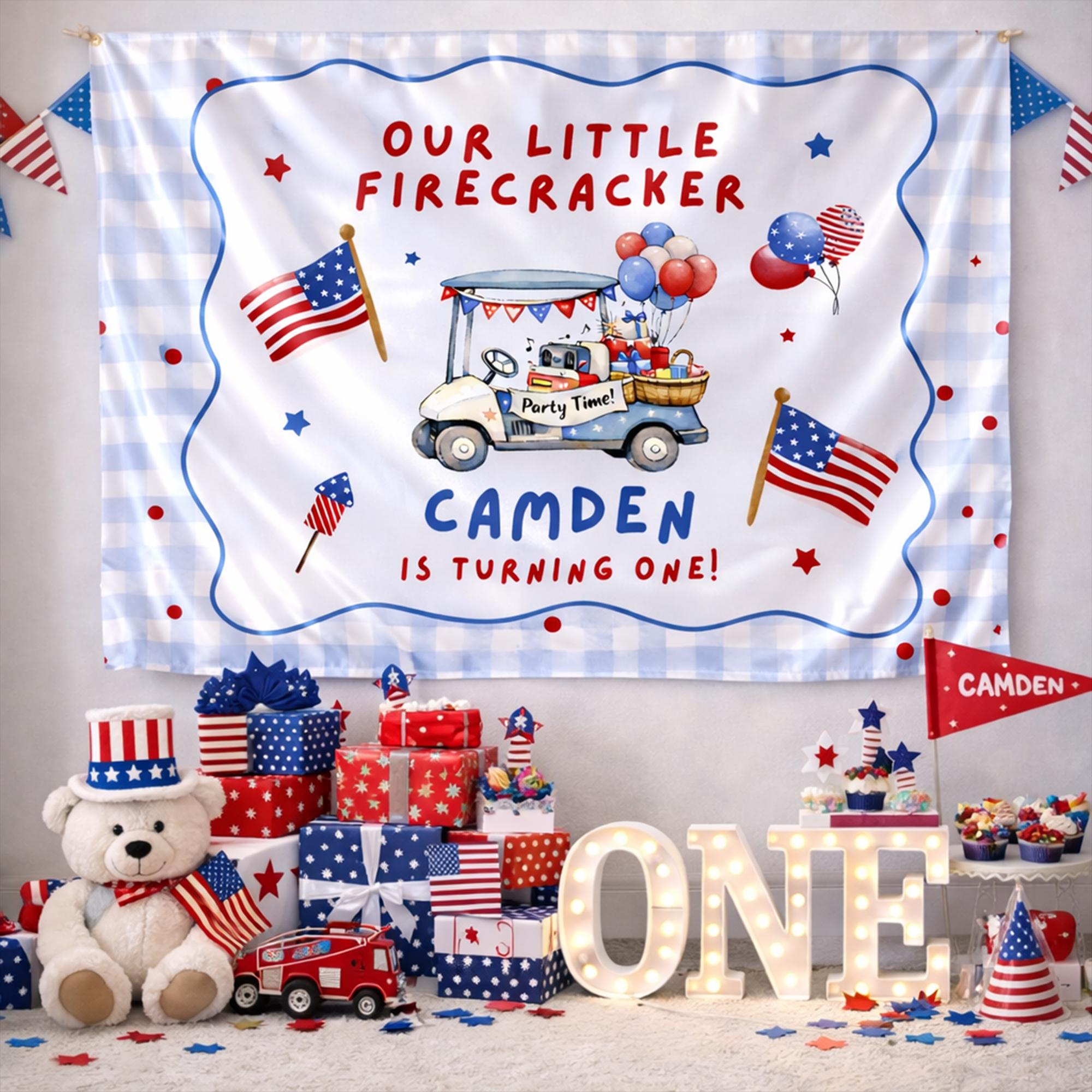 Personalized First Birthday Banner for Boys with Firecracker Theme, Red White Blue Golf Cart Design, July 4th Party Decor Custom Name