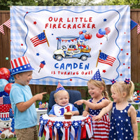 Personalized First Birthday Banner for Boys with Firecracker Theme, Red White Blue Golf Cart Design, July 4th Party Decor Custom Name