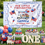Personalized First Birthday Banner for Boys with Firecracker Theme, Red White Blue Golf Cart Design, July 4th Party Decor Custom Name