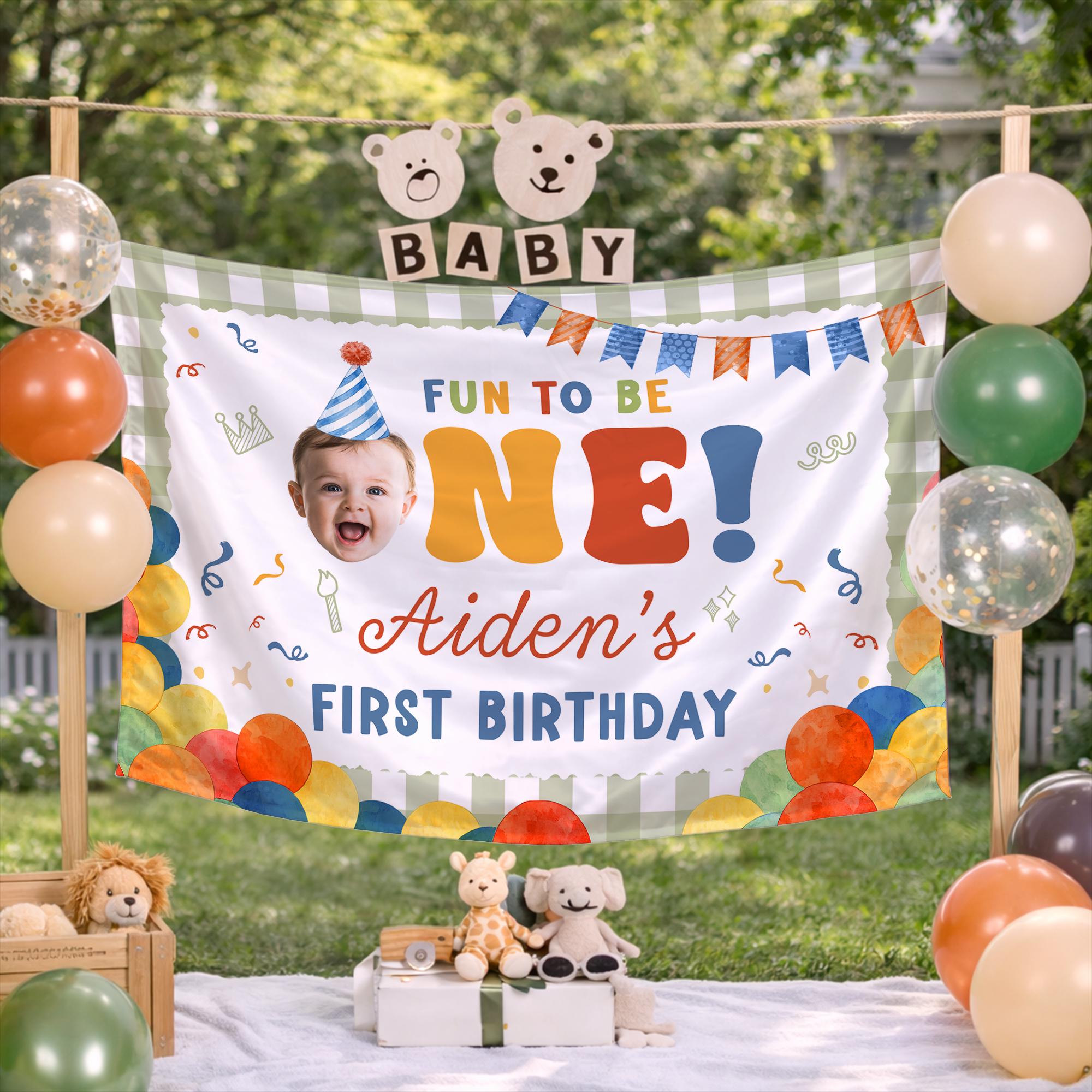 Personalized First Birthday Banner Smiling Baby Design Custom Party Backdrop for 1st Birthday Boy Celebration Vibrant Fun Decoration
