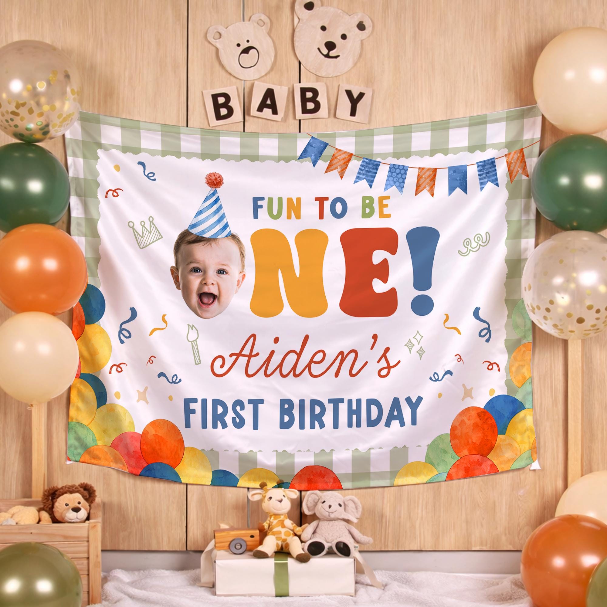 Personalized First Birthday Banner Smiling Baby Design Custom Party Backdrop for 1st Birthday Boy Celebration Vibrant Fun Decoration
