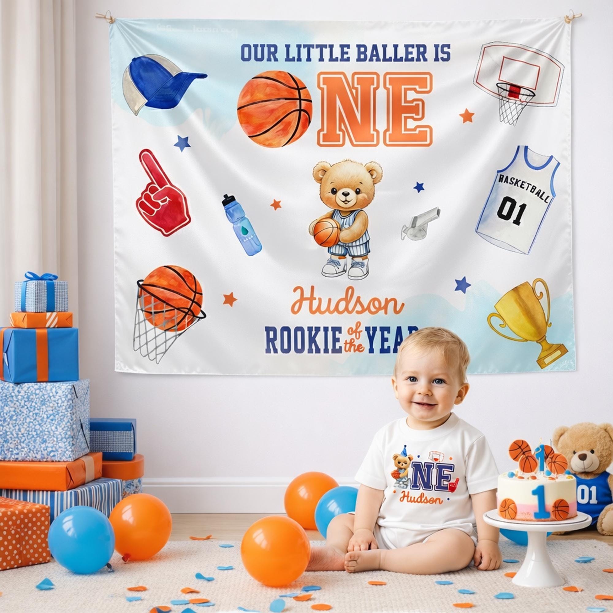Personalized First Birthday Basketball Outfit and Silk Banner Set with Teddy Bear Design for Baby Boy Party or Photo Backdrop Decor