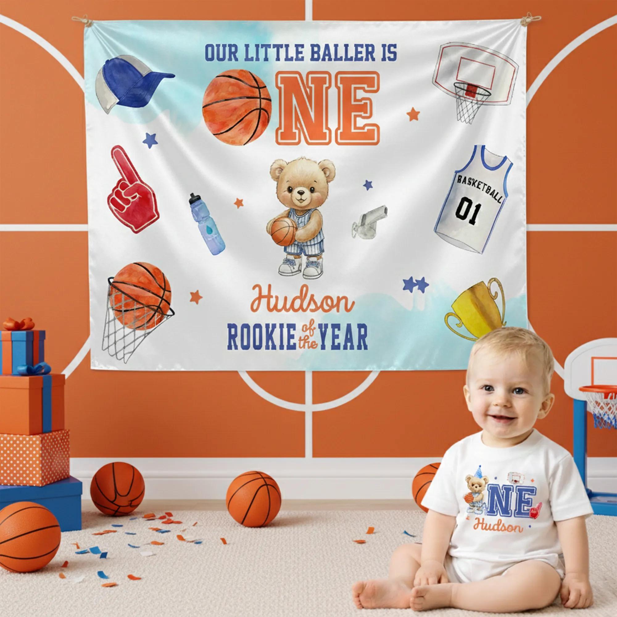 Personalized First Birthday Basketball Outfit and Silk Banner Set with Teddy Bear Design for Baby Boy Party or Photo Backdrop Decor