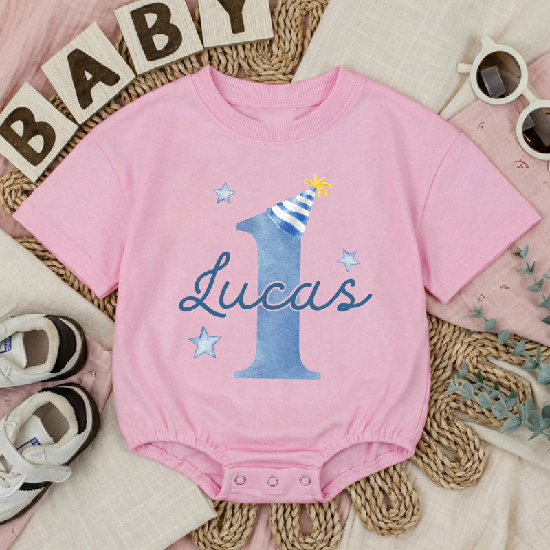Personalized First Birthday Boy Bubble Romper Custom Baby Bodysuit for 1st Cake Smash Soft Cotton Seasonally Suitable