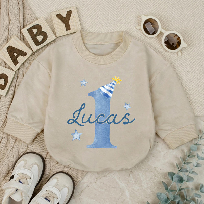 Personalized First Birthday Boy Bubble Romper Custom Baby Bodysuit for 1st Cake Smash Soft Cotton Seasonally Suitable