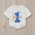Personalized First Birthday Boy Romper with Blue Number One and Oliver Name Party Outfit Colorful Balloons Cake Smash 1st Milestone Gift