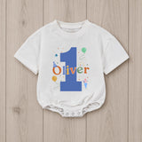 Personalized First Birthday Boy Romper with Blue Number One and Oliver Name Party Outfit Colorful Balloons Cake Smash 1st Milestone Gift