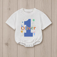 Personalized First Birthday Boy Romper with Blue Number One and Oliver Name Party Outfit Colorful Balloons Cake Smash 1st Milestone Gift