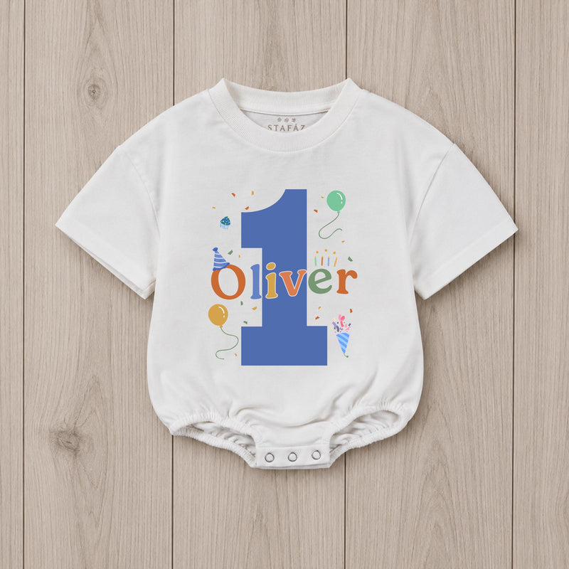 Personalized First Birthday Boy Romper with Blue Number One and Oliver Name Party Outfit Colorful Balloons Cake Smash 1st Milestone Gift