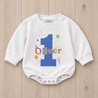 Personalized First Birthday Boy Romper with Blue Number One and Oliver Name Party Outfit Colorful Balloons Cake Smash 1st Milestone Gift