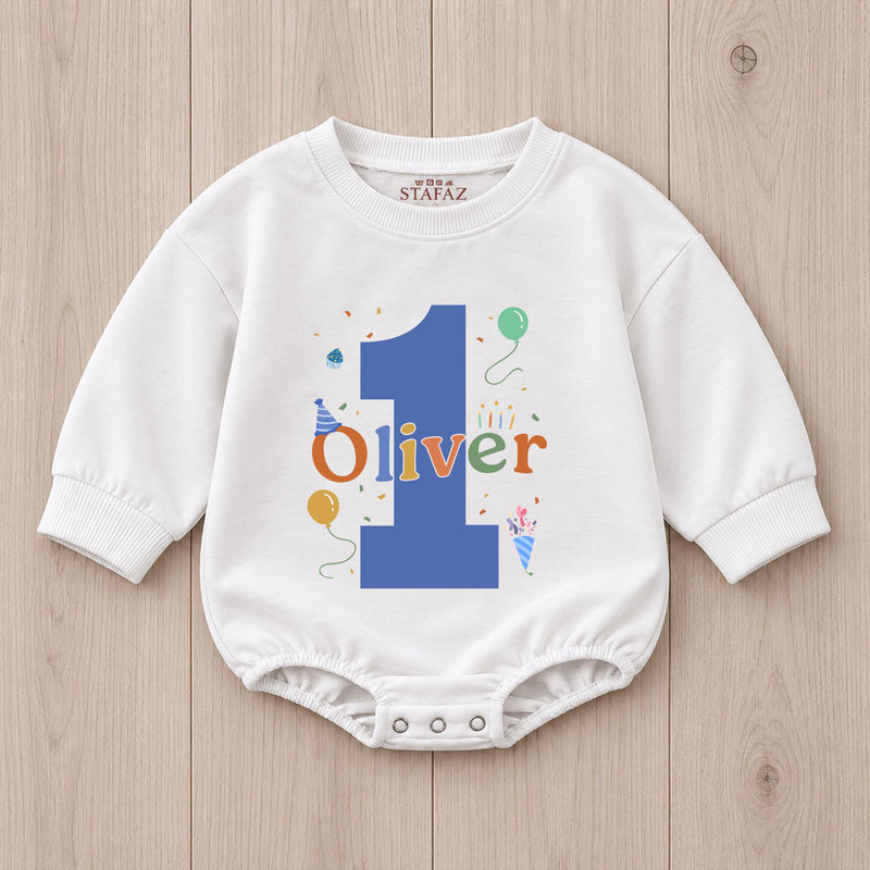 Personalized First Birthday Boy Romper with Blue Number One and Oliver Name Party Outfit Colorful Balloons Cake Smash 1st Milestone Gift