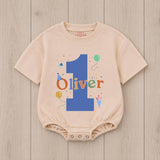 Personalized First Birthday Boy Romper with Blue Number One and Oliver Name Party Outfit Colorful Balloons Cake Smash 1st Milestone Gift
