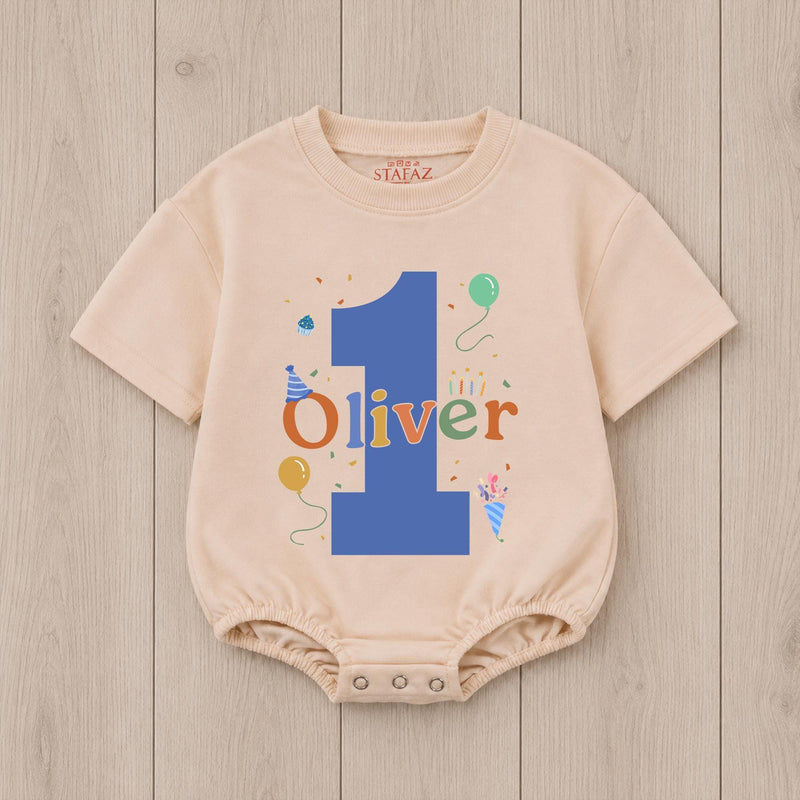 Personalized First Birthday Boy Romper with Blue Number One and Oliver Name Party Outfit Colorful Balloons Cake Smash 1st Milestone Gift