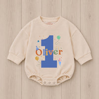 Personalized First Birthday Boy Romper with Blue Number One and Oliver Name Party Outfit Colorful Balloons Cake Smash 1st Milestone Gift