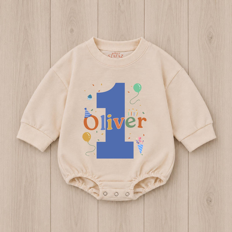 Personalized First Birthday Boy Romper with Blue Number One and Oliver Name Party Outfit Colorful Balloons Cake Smash 1st Milestone Gift
