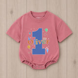 Personalized First Birthday Boy Romper with Blue Number One and Oliver Name Party Outfit Colorful Balloons Cake Smash 1st Milestone Gift