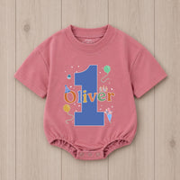 Personalized First Birthday Boy Romper with Blue Number One and Oliver Name Party Outfit Colorful Balloons Cake Smash 1st Milestone Gift