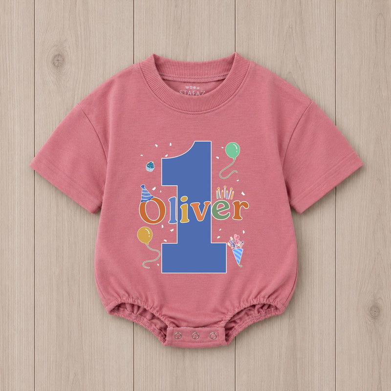 Personalized First Birthday Boy Romper with Blue Number One and Oliver Name Party Outfit Colorful Balloons Cake Smash 1st Milestone Gift