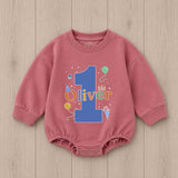 Personalized First Birthday Boy Romper with Blue Number One and Oliver Name Party Outfit Colorful Balloons Cake Smash 1st Milestone Gift