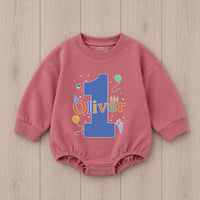 Personalized First Birthday Boy Romper with Blue Number One and Oliver Name Party Outfit Colorful Balloons Cake Smash 1st Milestone Gift