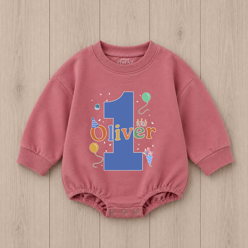 Personalized First Birthday Boy Romper with Blue Number One and Oliver Name Party Outfit Colorful Balloons Cake Smash 1st Milestone Gift