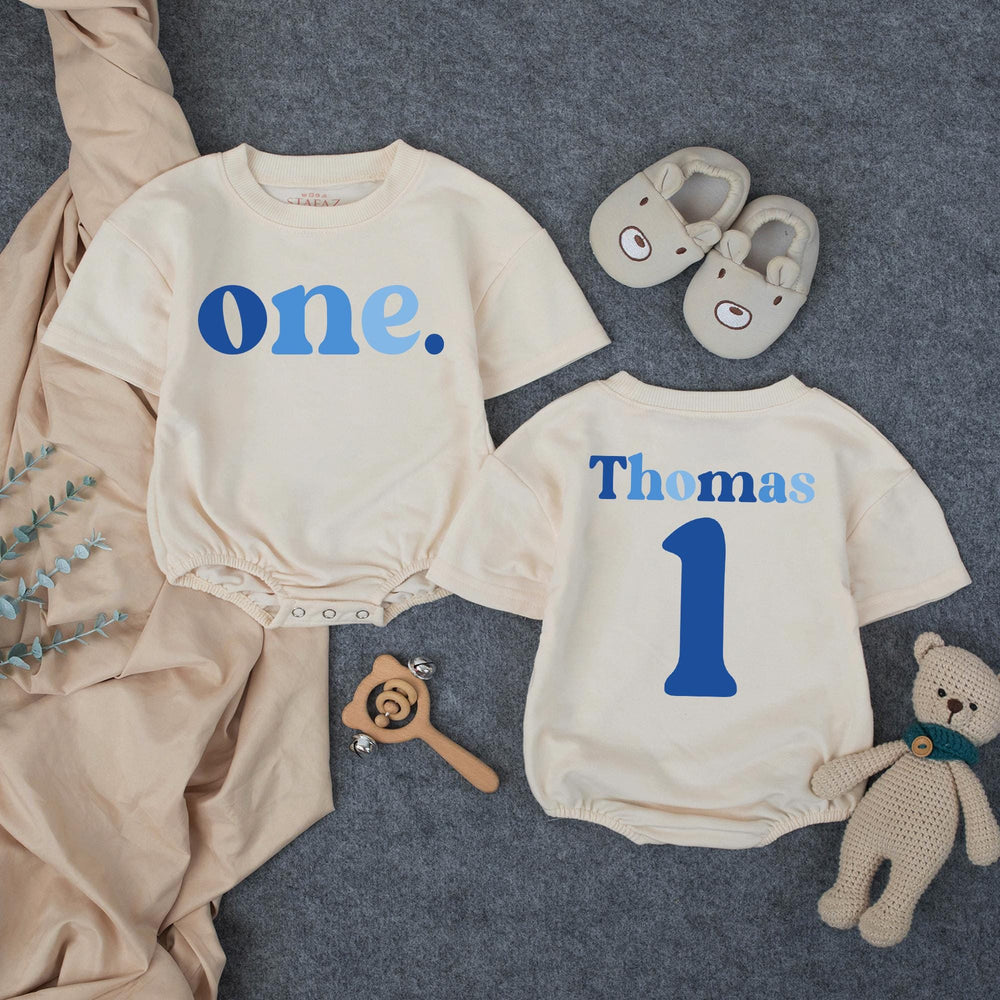 Personalized First Birthday Boy Romper with Blue One Design, Custom Name and Age Outfit for Cake Smash, Soft Cotton Baby Party Clothes