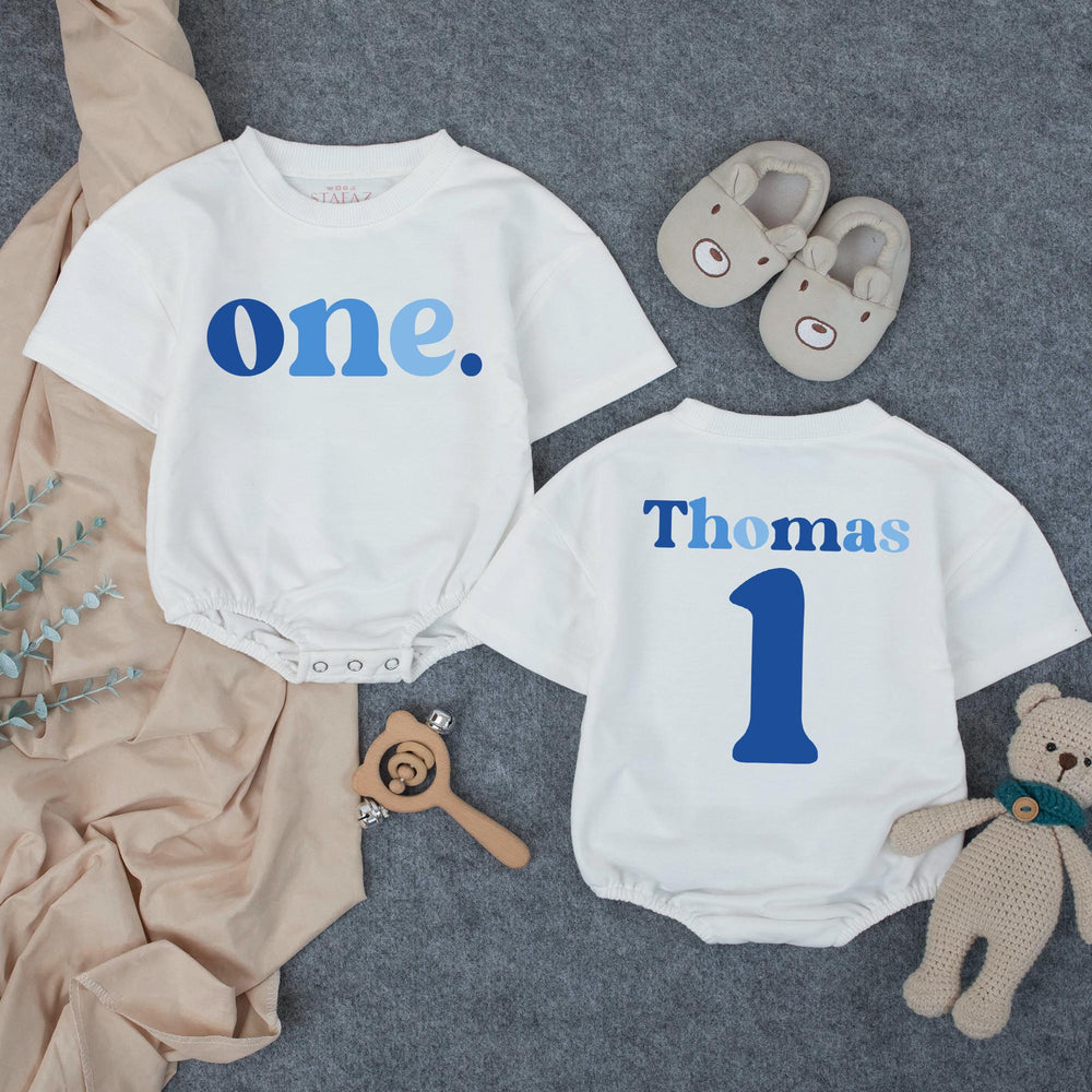 Personalized First Birthday Boy Romper with Blue One Design, Custom Name and Age Outfit for Cake Smash, Soft Cotton Baby Party Clothes