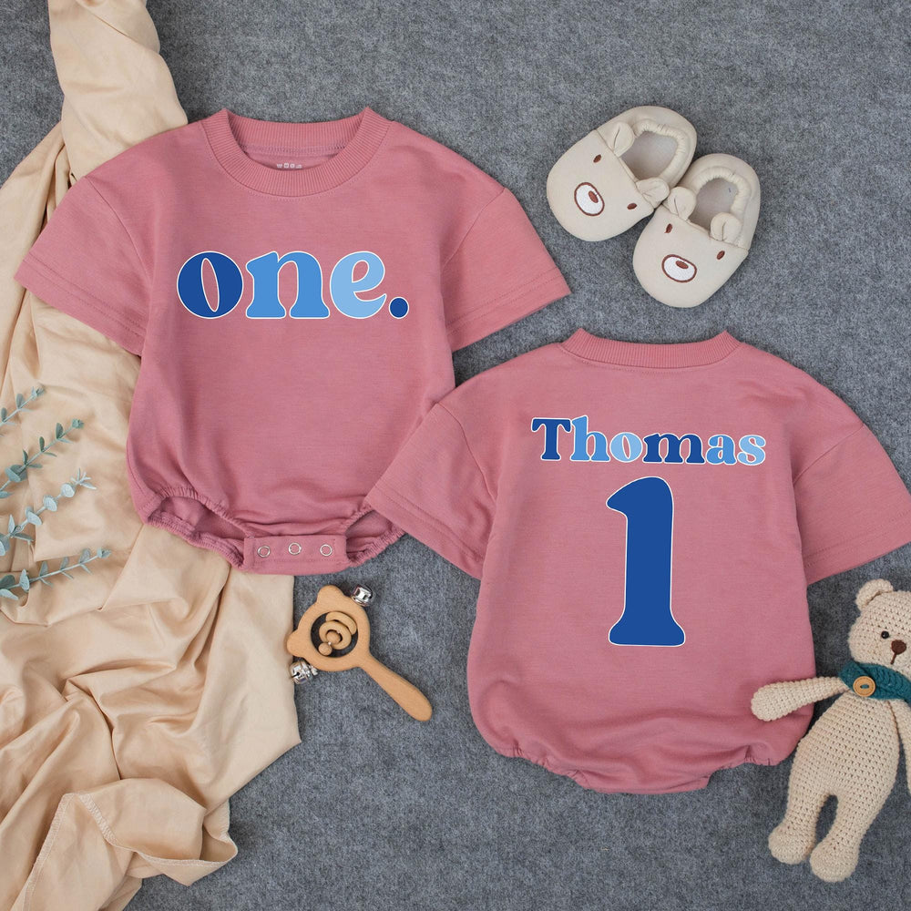 Personalized First Birthday Boy Romper with Blue One Design, Custom Name and Age Outfit for Cake Smash, Soft Cotton Baby Party Clothes