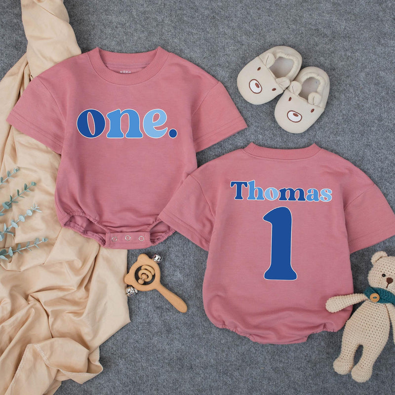 Personalized First Birthday Boy Romper with Blue One Design, Custom Name and Age Outfit for Cake Smash, Soft Cotton Baby Party Clothes
