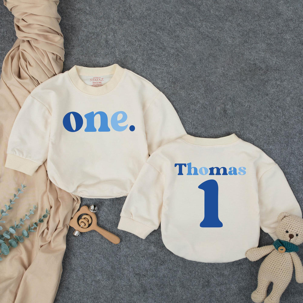 Personalized First Birthday Boy Romper with Blue One Design, Custom Name and Age Outfit for Cake Smash, Soft Cotton Baby Party Clothes